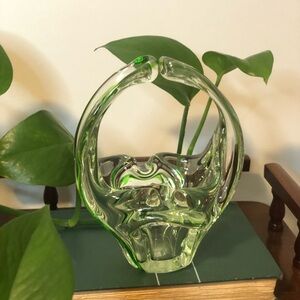 Elegant Green Murano Art Glass Basket Sculpture
